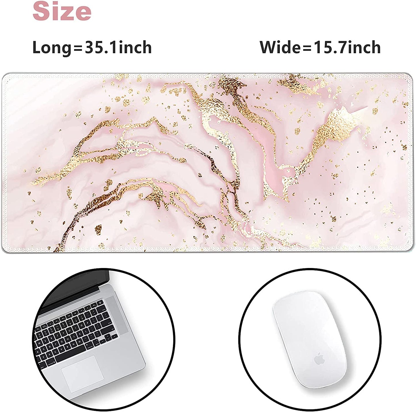 Extended Gaming Mouse Pad XXL Large Keyboard Mat Long Mousepad Desk Decor Writing Pad Non Slip Rubber Base Stitched Edges for Work, Game, Office, Home, 35.1" X 15.7" , Pink Marble