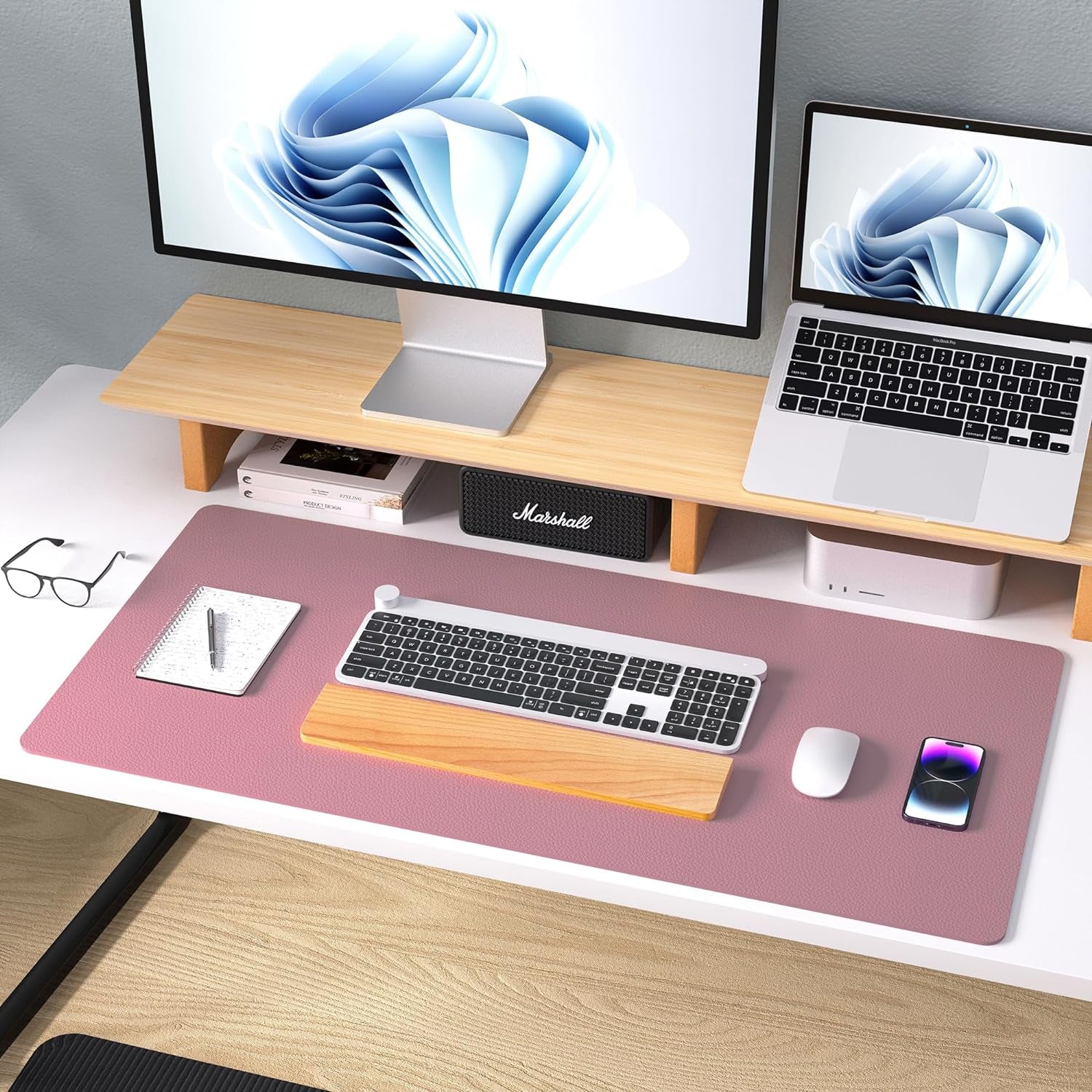 Leather Desk Pad Protector,Mouse Pad,Office Desk Mat,Non-Slip PU Leather Desk Blotter,Laptop Desk Pad,Waterproof Desk Writing Pad for Office and Home (Dark Pink,23.6" X 13.7")