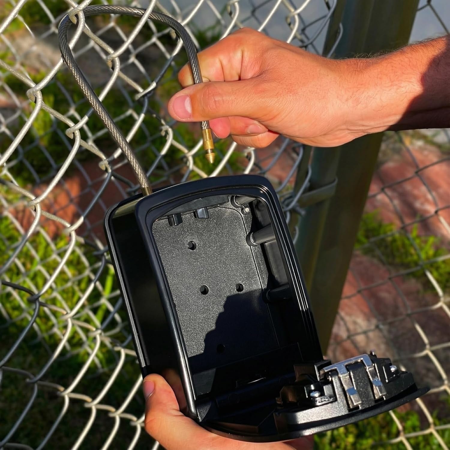 ® XXL Key Lock Box Portable and Wall Mounted with Removable Cable Shackle Waterproof Indoor Outdoor 4 Digit Combination with Resettable Code with a B Switch Extra Large Key Lockbox Outside