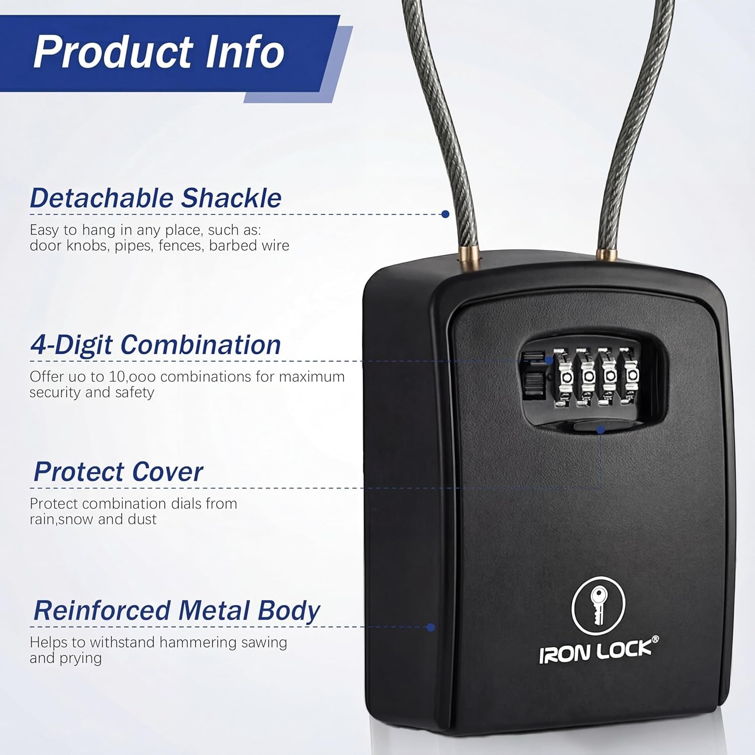 ® XXL Key Lock Box Portable and Wall Mounted with Removable Cable Shackle Waterproof Indoor Outdoor 4 Digit Combination with Resettable Code with a B Switch Extra Large Key Lockbox Outside