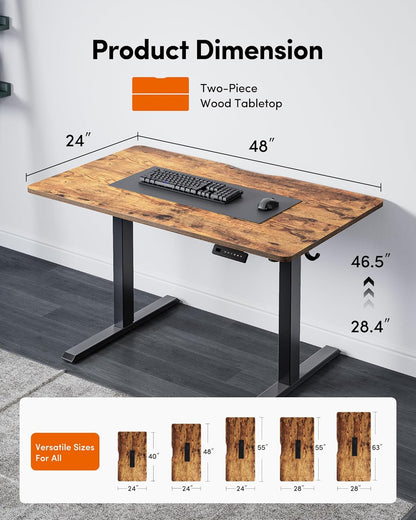 Height Adjustable Electric Standing Desk, 48 X 24 Inches Stand up Table, Sit Stand Home Office Desk with Splice Board, Black Frame/Rustic Brown Top