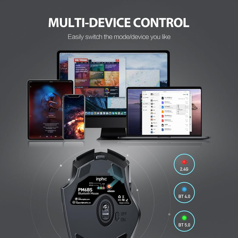 INPHIC Pm6Bs Mouse, 3 Modes Bluetooth 5.0&4.0 and 2.4G Rechargeable Wireless Mouse with 6 Buttons, Ergonomic Computer Mouse for Laptop, Mac, PC, Etc.